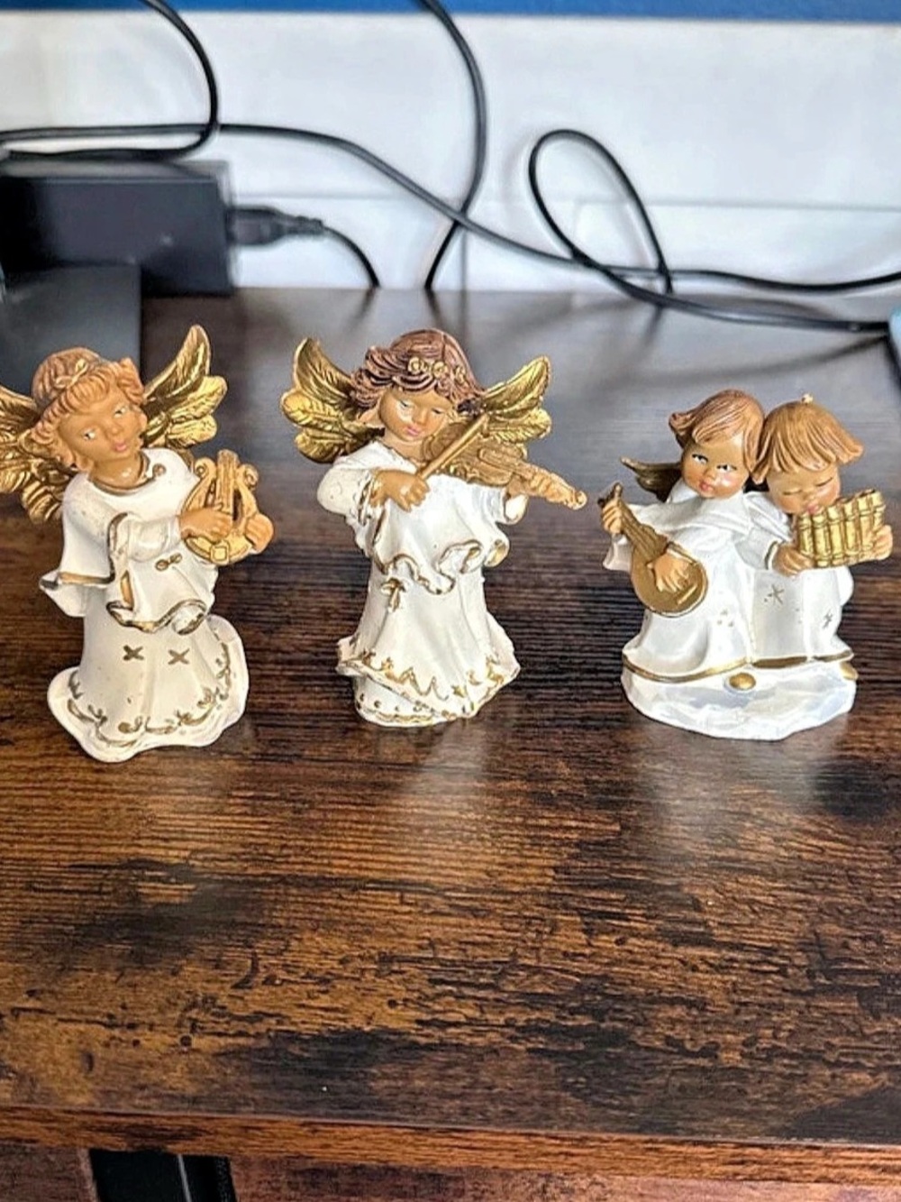 Three Angel Figurines Set White & Gold